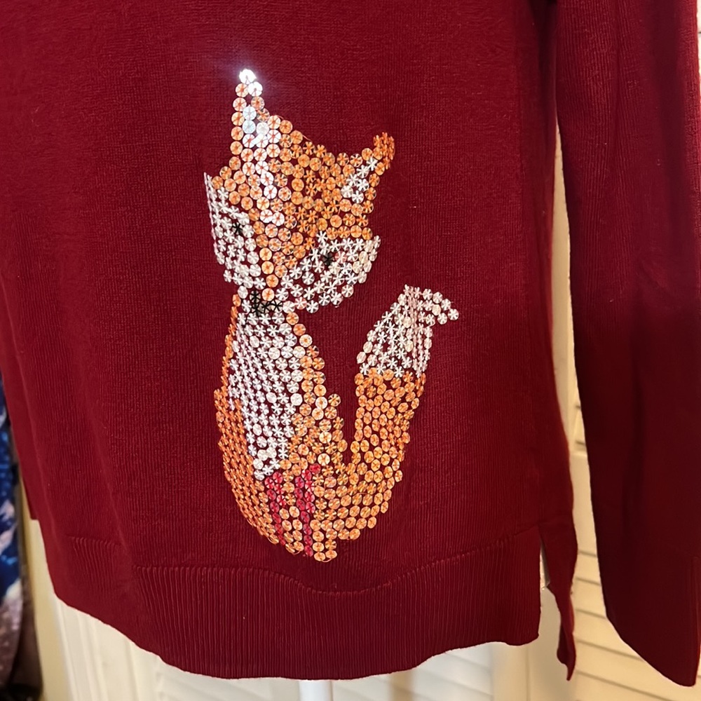 The Limited - Sequin Fox - Festive Burgundy Sweater - Relaxed Tunic - Size M